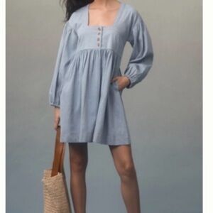 BY ANTHROPOLOGIE LONG-SLEEVE SQUARE-NECK DENIM BABYDOLL MINI DRESS